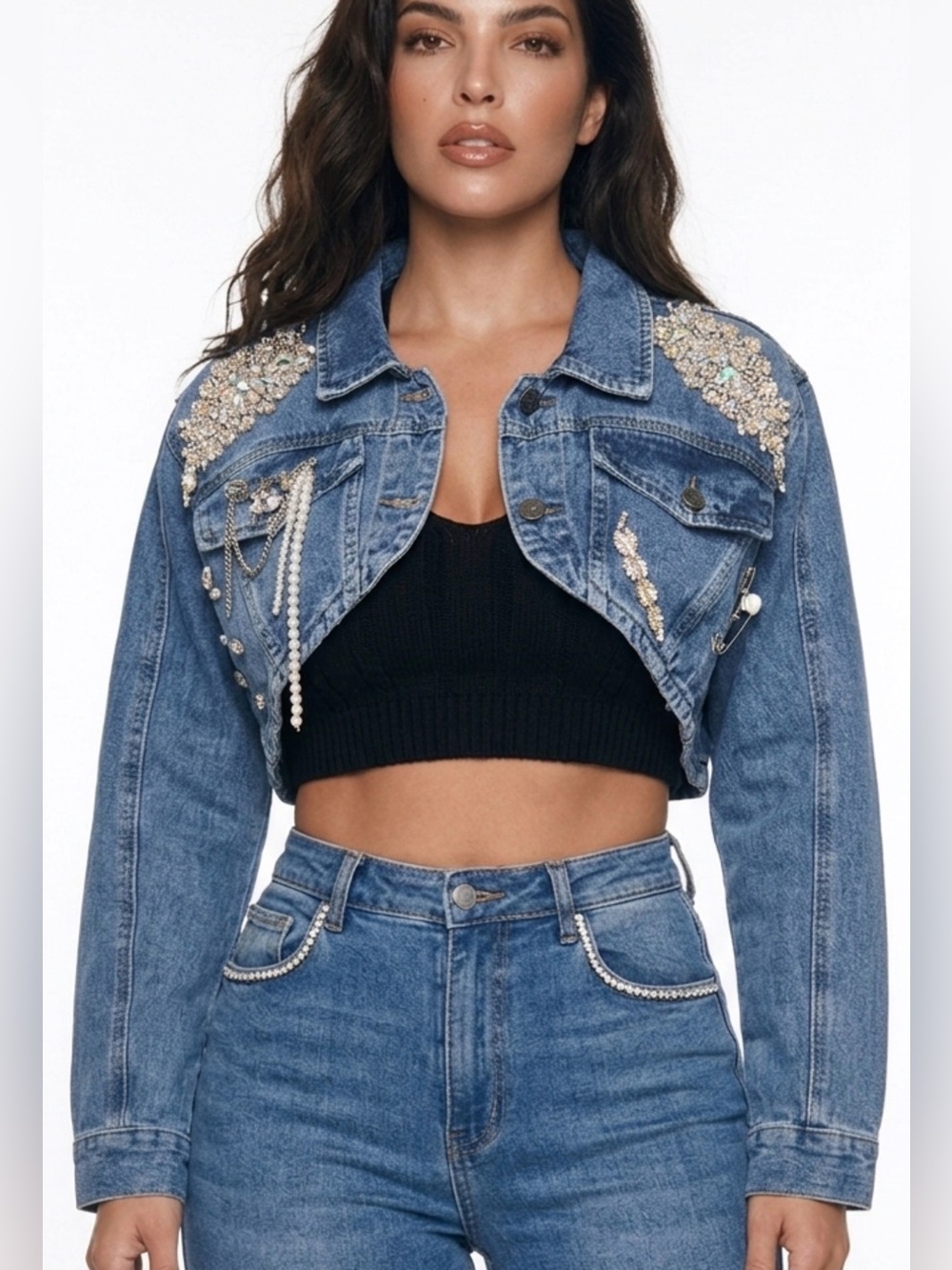 Upcycled Embellished and pin accent super Cropped blue Denim Jacket size M/L